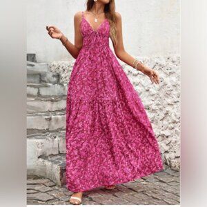 Boho Floral V-Neck Dress With Ruffle Wide Hem Pink